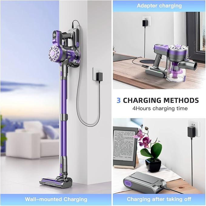 Cordless Vacuum Cleaner for Home Lightweight Stick Vacuum Cordless Rechargeable with Power Suction Up to 35 Mins Runtime Hardwood Floor Vacuum for Pet Hair Carpets Tile(Purple)