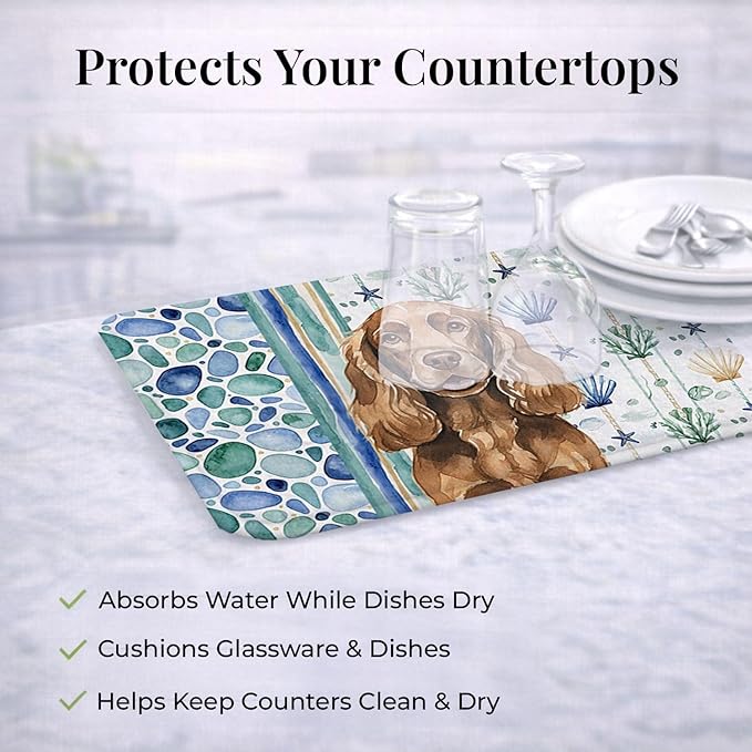 Caroline's Treasures Liver English Cocker Spaniel Coastal Sea Glass Dish Drying Mat Absorbent Dish Drying Mat Pad for Kitchen Counter Dish Drainer Mat for Countertop 14 x 21 Multicolor