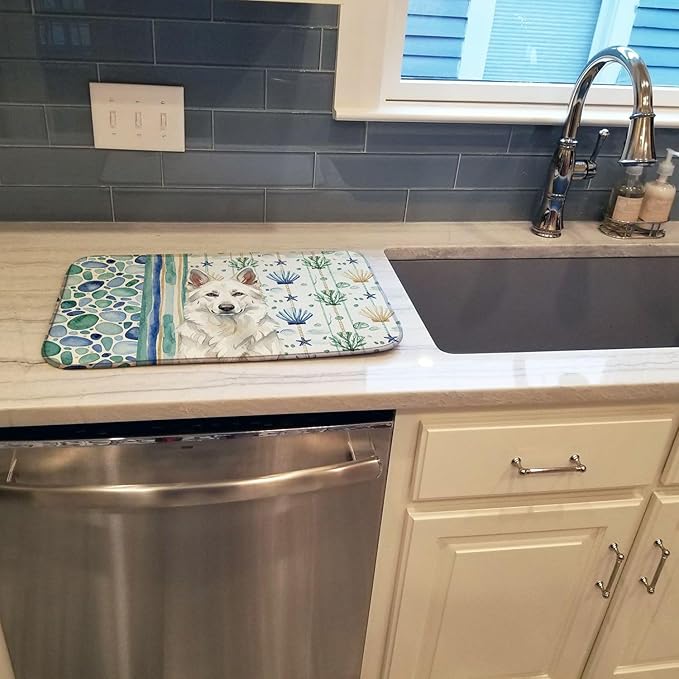 Caroline's Treasures White German Shepherd Coastal Sea Glass Dish Drying Mat Absorbent Dish Drying Mat Pad for Kitchen Counter Dish Drainer Mat for Countertop 14 x 21 Multicolor
