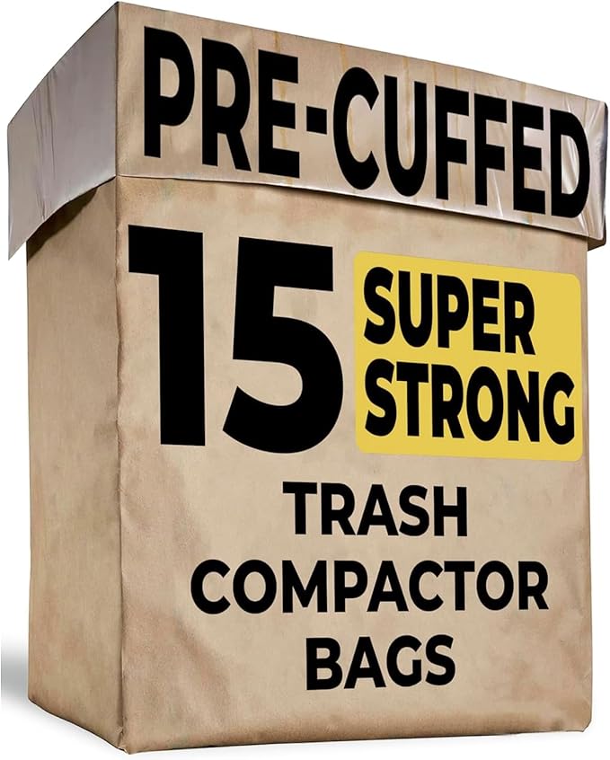 Trash Compactor Bags for Kitchen - 15 PACK - Pre-Cuffed Super Strong &amp Heavy Duty Kitchen Trash Bags with Leak Proof Plastic Liner Fits GE Model Compactors with Rectangular Containers