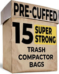 Trash Compactor Bags for Kitchen - 15 PACK - Pre-Cuffed Super Strong &amp Heavy Duty Kitchen Trash Bags with Leak Proof Plastic Liner Fits GE Model Compactors with Rectangular Containers