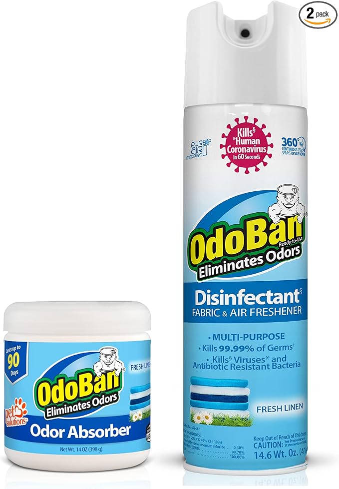 OdoBan Ready-to-Use Disinfectant and Harsh Smell Eliminator Air and Pet Aroma Freshener and Purifier Set of 2 14.6 Ounce 360-Degree Continuous Spray and 14 Ounce Scent Absorber Fresh Linen Scent