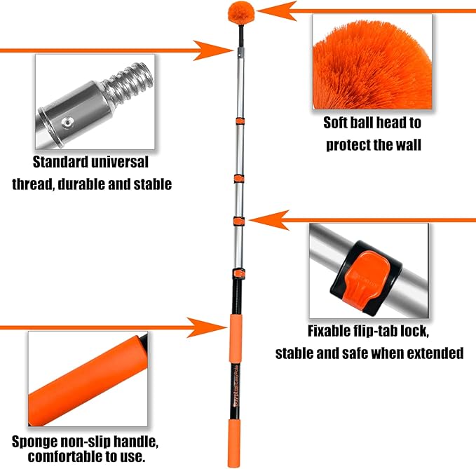 Buyplus 26FT Reach Cobweb Duster Outdoor Spider Web Cleaner Brush with Professional 5-20FT Extension Pole Non-Shedding Fluffy Bristles Suitable for Ceiling and Corner Dusters for Indoor and Outdoor