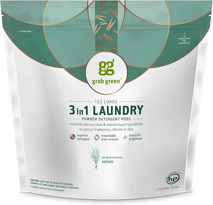 Grab Green 3-in-1 Laundry Detergent Pods Vetiver Scent Plant and Mineral Based Superior Cleaning Power Stain Remover Brightens Clothes White 132 Count