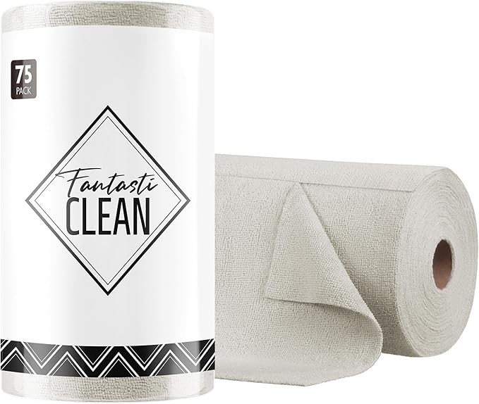 Fantasticlean Microfiber Cleaning Cloth Roll -75 Pack Tear Away Microfiber Towels 12 x 12 Reusable Washable Scratch Free Ultra Absorbent Dishcloth for All-Around Cleaning Supplies (Cool Grey)