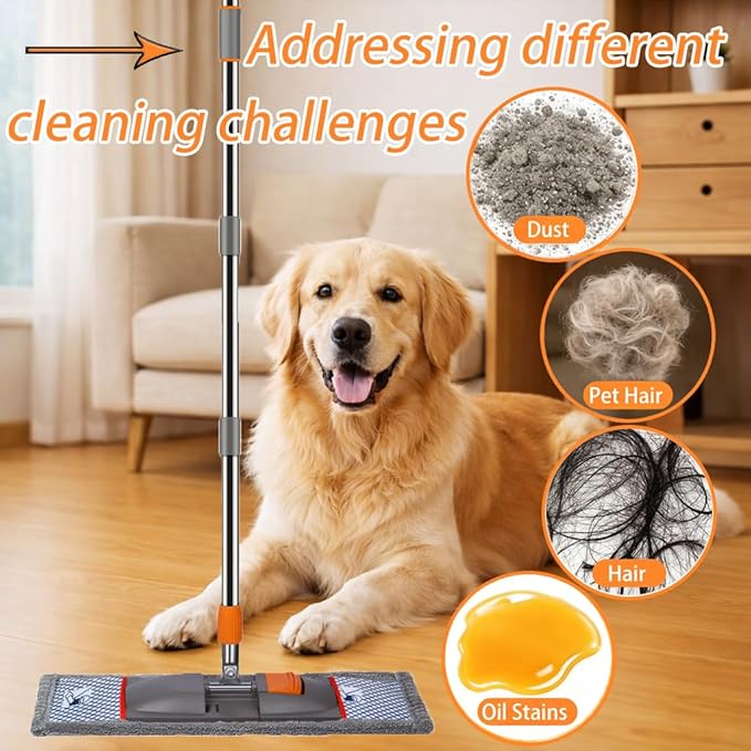 57-inch Professional Microfiber Mop Floor Cleaning Kit with 4 Washable mop Pads for Multiple Floor Surfaces. Features an Extra-Long Telescopic Handle for deep-Reach Cleaning in Hard-to-Reach Corners
