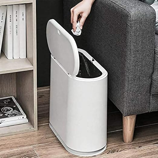 12L White Slim Bathroom Trash Can with Press Top Lid3.17 Gallon Pet/Dog Proof Kitchen Trash CanThin Garbage CanCovered WastebasketNarrow Small Plastic Trashcan for Craft RoomBedroomOfficeDorm