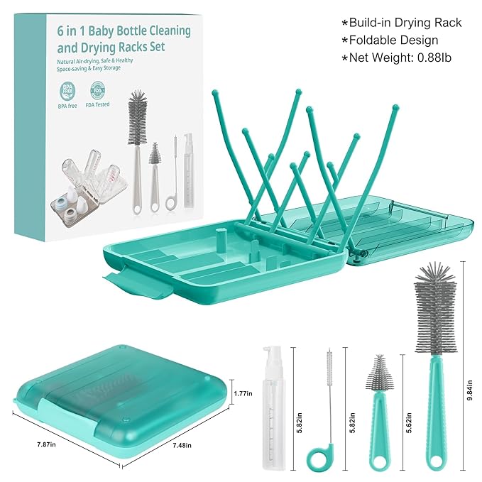 6 in 1 Bottle Brush SetBottle Cleaner Brush Kit with Bottle BrushDrying RackNipple BrushStraw BrushSoap Dispenser&ampStorage BoxPortable Baby Essentials for Home&ampTravel