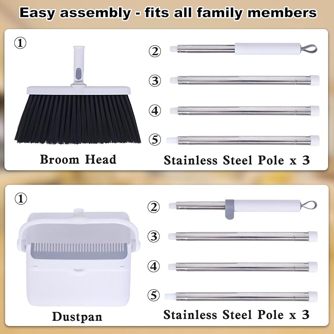 Heavy Duty Broom and Standing Dustpan Combo Set Rotatable Head Dust Pan and Brush Set with Collapsible Handle Cleaning Teeth Hanging Loop Ideal for Pets RV Kitchen Camping Outdoor Floor White