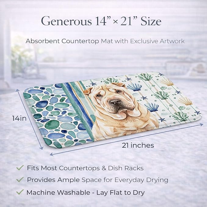 Caroline's Treasures Shar Pei Coastal Sea Glass Dish Drying Mat Absorbent Dish Drying Mat Pad for Kitchen Counter Dish Drainer Mat for Countertop 14 x 21 Multicolor