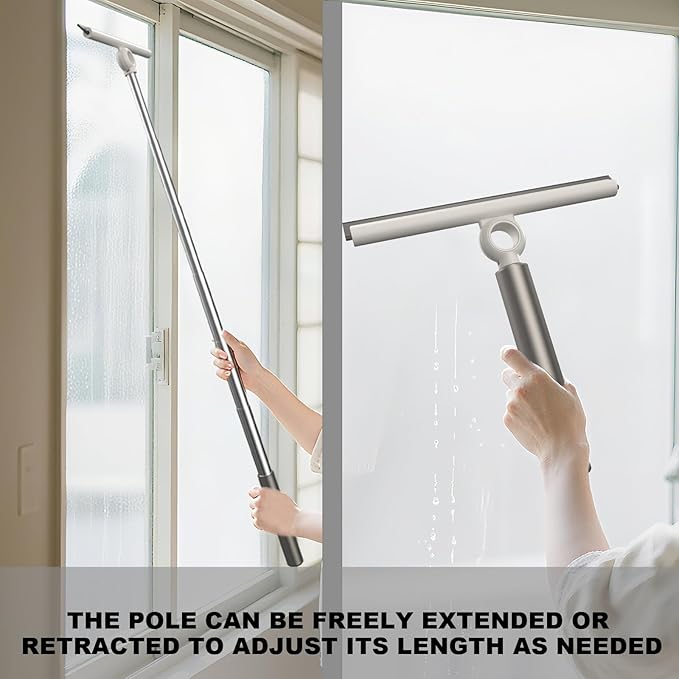 Extendable Shower Squeegee for Glass Doors Shower Squeegee with 10-Inch Silicone Blade Telescoping Handle for Windows and Shower Glass Silver