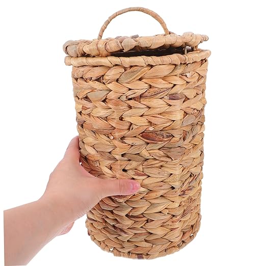 Zerodeko Natural Woven Hyacinth Trash Can with Lid Decorative Rattan Wastebasket for Bathroom Bedroom Kitchen Multi Purpose Storage Bin for Essentials Compact Lightweight Design