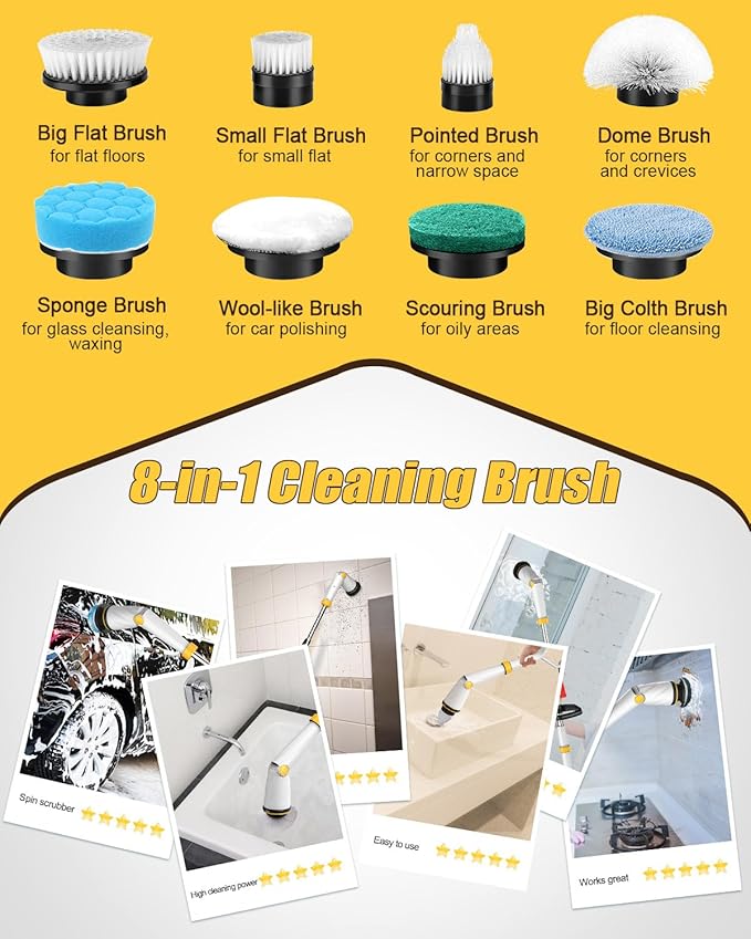Qimedo Electric Spin Scrubber with Two Batteries Q2 Pro1500 RPM High Power Electric Scrubber for CleaningShower Cordless Cleaning Brush with Display for Tub/Tile/Floor (Effortless Handle/8 Brushes)