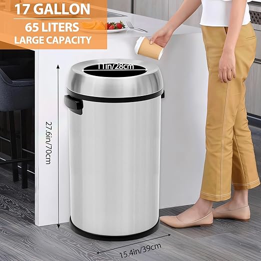 GarveeHome 17 gal/65 L Open Top Trash Can Stainless Steel Rubbish Bin Commercial Grade Waste Container Round Garbage Can for Outdoor Home Office Restaurant Silver