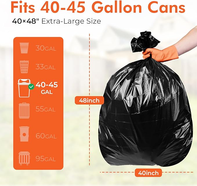 Delxo 40-45 Gallon Trash Bags 125 Count 40×48'' Large Black Garbage Bags – Light-to-Medium Duty Star-Seal Can Liners for Home Kitchen Yard &amp Office – Bulk Value Pack Made in USA