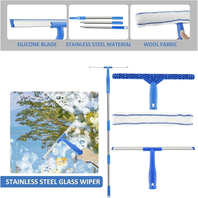 3 in 1 Glass Brush Windows Cleaner Squeegee with 53in Long Hand