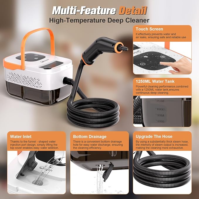 Steam Cleaner2500W Portable Handheld Steamer- 6-Level Adjustable Steamer with 15S Heat-Up Large Water Tank &amp 17-Piece Accessory Kit - Deep Clean Grease Grout Tile Floors