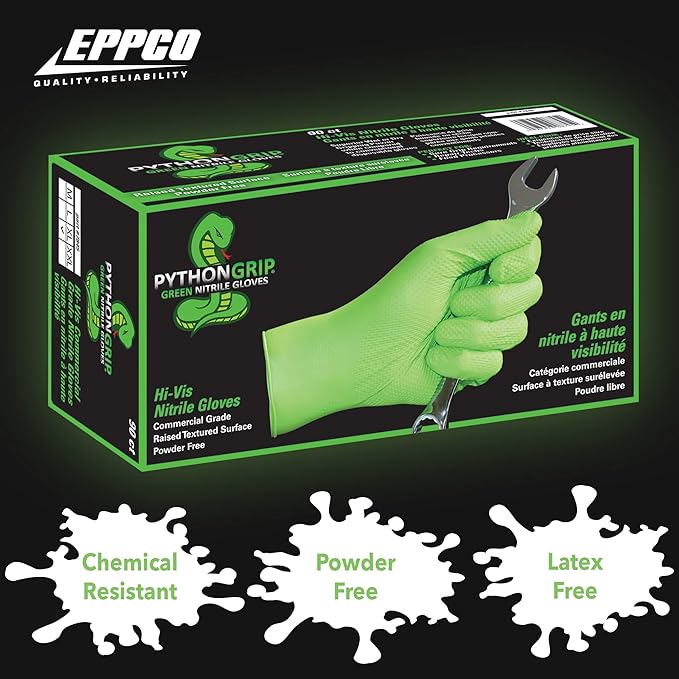 EPPCO Python Grip 6-Mil Nitrile Gloves Disposable Powder Free Latex Free Textured Superior Grip Glove for Mechanics Auto-motive Industrial Work Lime Green XX-Large Box of 90