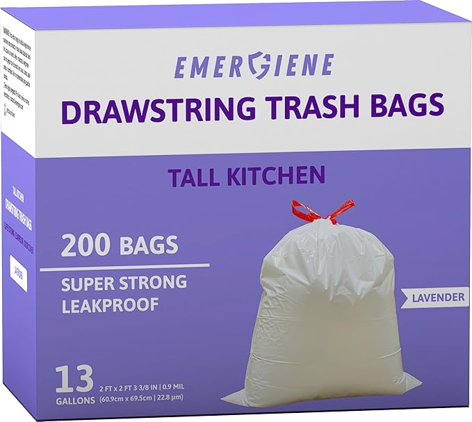 13 Gallon Drawstring Trash Bags Lavender Scented 200 Count Tall Kichen Garbage Bags Pre-Separated Odor Control Ultra Strong Leakproof Sturdy White