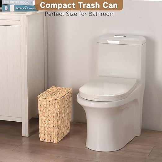 Wicker Trash Can Bathroom Trash Can with Lid 3 Gallon Natural Water Hyacinth Waste Basket with Removable Liner for Bedroom Living Room Toilet Under Sink