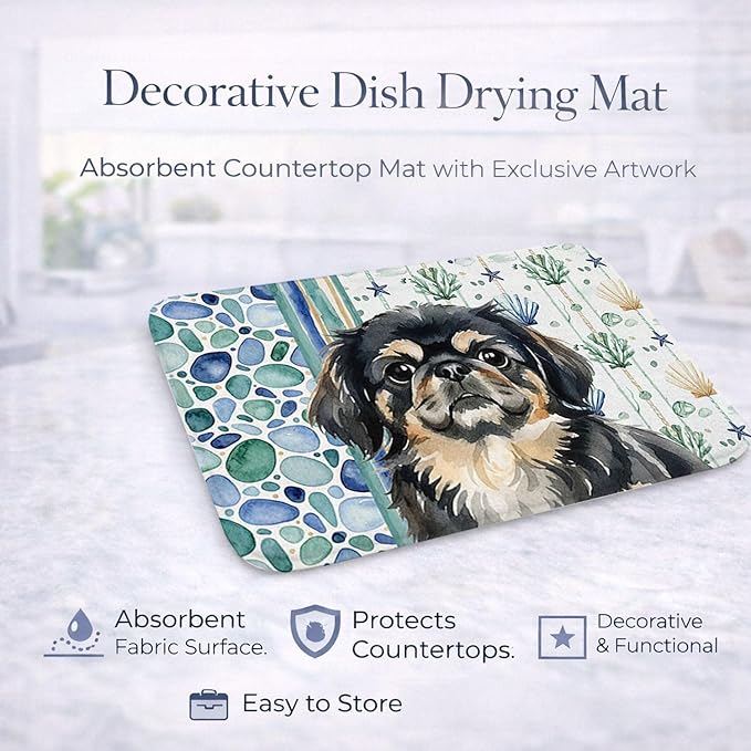 Caroline's Treasures Black and Tan Pekingese Coastal Sea Glass Dish Drying Mat Absorbent Dish Drying Mat Pad for Kitchen Counter Dish Drainer Mat for Countertop 14 x 21 Multicolor