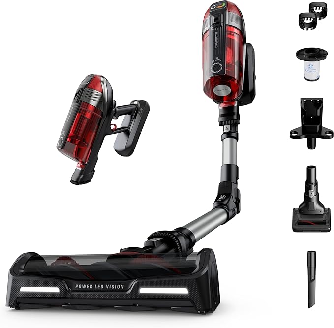 Rowenta Cordless Vacuum Cleaner X-Force Flex 12.60 Vacuum 30.4 Oz XL Dust Container Flex technology Automatic Floor Detection 45Min Run Time 3Hr Charging Time For Pet 150 Air Watts Red