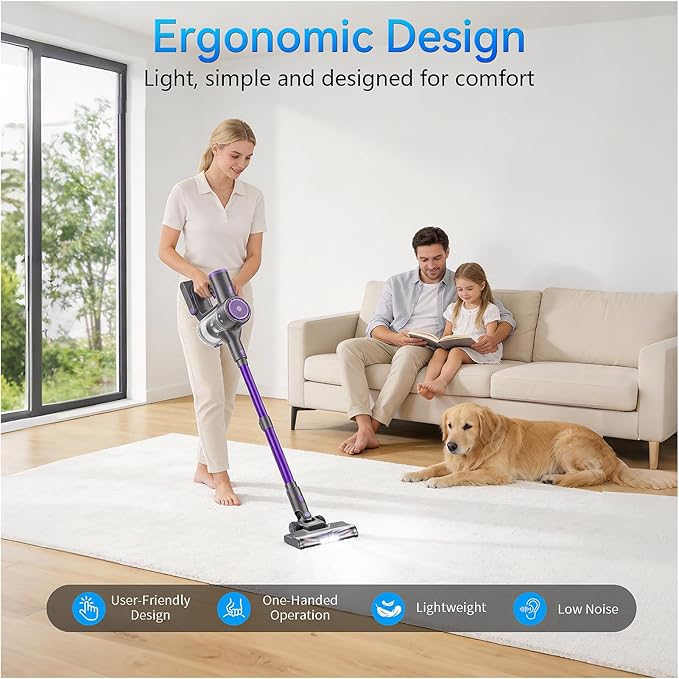 BlueEpic Cordless Vacuum Cleaner 45KPA 45Mins Rechargeable Vacuum Cordless Stick Vacuum with 2 Adjustable Modes Handheld Vacuum for Home/Pet Hair/Carpet/Floor (Purple)