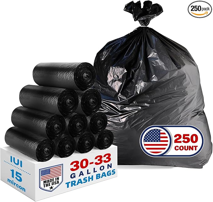 IUI 30-33 Gallon Trash Bags 250 Count 32 x 38 Black Garbage Bags for Home Kitchen Waste Lawn and Leaf Durable &amp Tear-Resistant Made in USA