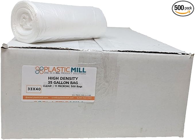 PlasticMill Heavy Duty Trash Bags - Clear Garbage Bags - Plastic Trash Bags - Kitchen Bathroom Office Garbage Bags Trash Can Liners - 35-Gallon 11 Microns 33x40 (500-Count)