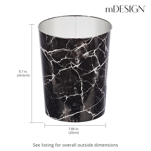 mDesign Round Metal Small 1.7 Gallon Recycle Trash Can Wastebasket Garbage Container Bin for Bathrooms Kitchen Bedroom Home Office - Durable Stainless Steel - Mirri Collection - Black Marble