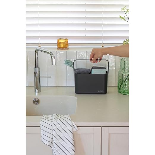 Brabantia SinkSide Cleaning Set of 8 - Dark Gray | Cleaning Caddy with Handle Microfiber Pads Cloths Dish Brush Squeegee | Complete Sink Tidy Solution | Kitchen Sink Organizer