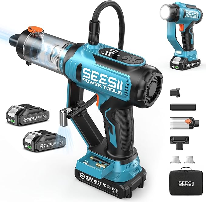 SEESII 3-in-1 Tire Inflator: Portable Air Compressor &amp Car Vacuum Cordless &amp Led Work Light with 2×2000mAh Batteries 21V Tire Air Pump 150PSI w/Digital Gauge+Auto-Shutoff for Ball/Bike/Car/Ho