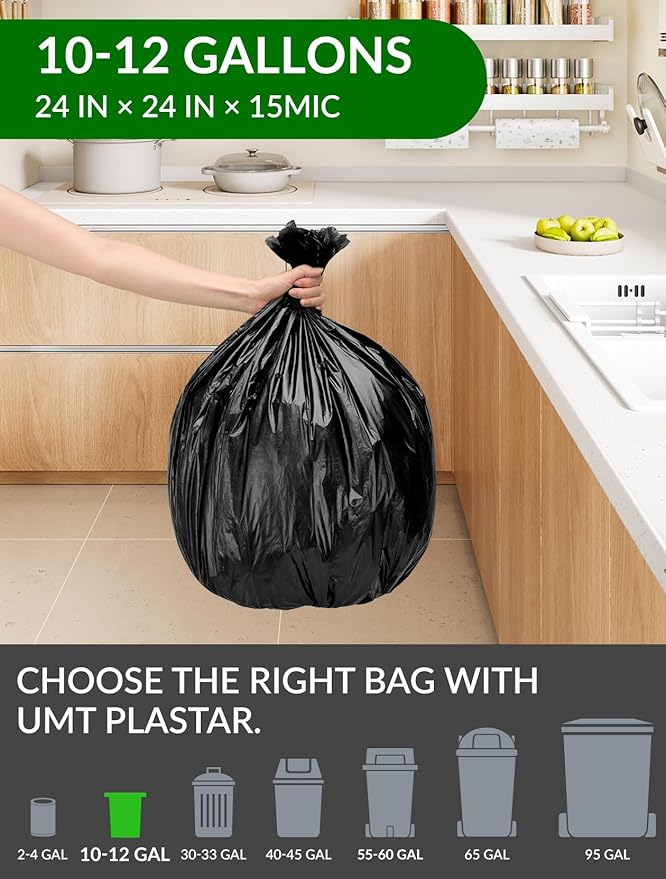 400 Count Heavy Duty Black Trash Bags 10-12 Gallon 24 x 24 Inch Large Garbage Bags 15 Micron Thick Strong Leak-Resistant Trash Can Liners for Home Office Kitchen Bathroom