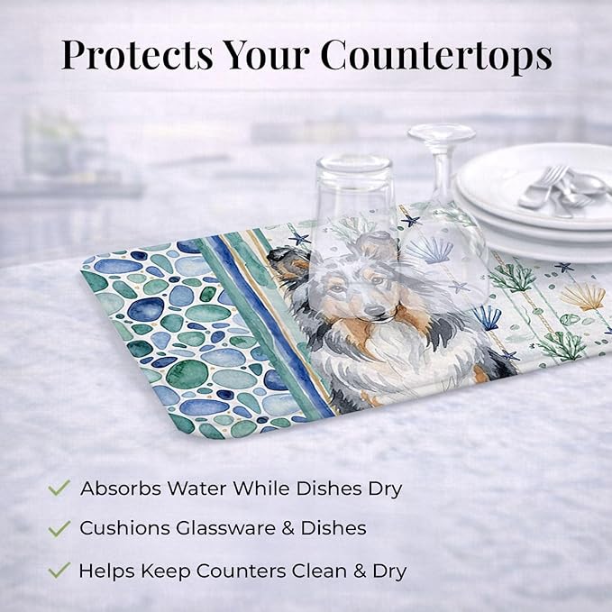 Caroline's Treasures Blue Merle Sheltie Coastal Sea Glass Dish Drying Mat Absorbent Dish Drying Mat Pad for Kitchen Counter Dish Drainer Mat for Countertop 14 x 21 Multicolor