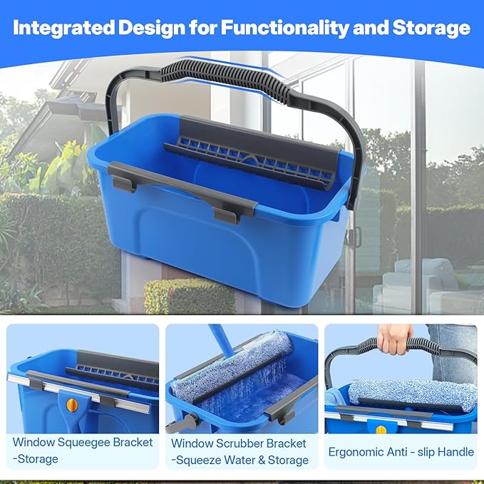 Professional Window Cleaning Kit with Bucket 3 Gallon 76 Long Handle Window Squeegee and Microfiber Scrubber High Windows Washing Equipment Window Cleaner Tool for Commercial Home Outdoor Car