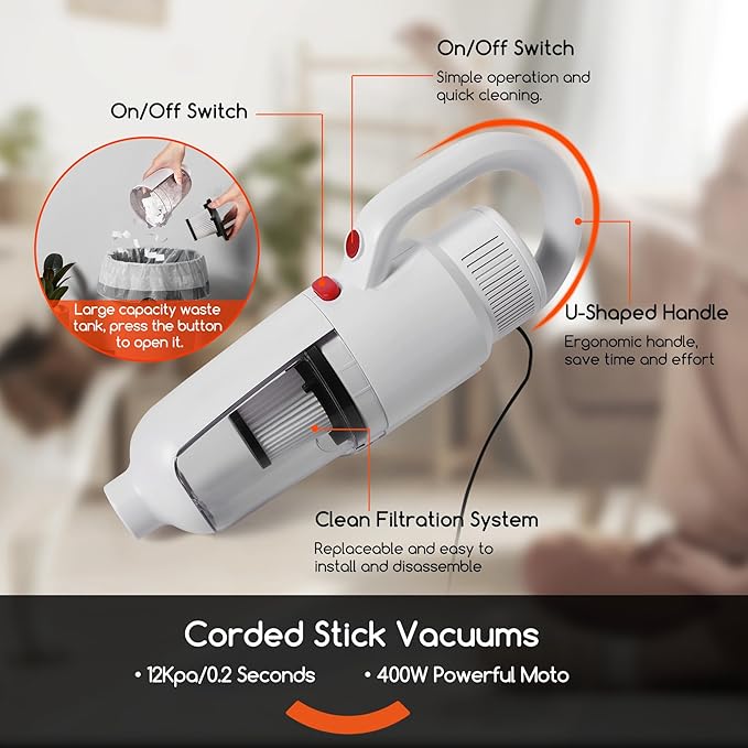 Lightweight Stick Vacuum Cleaner Unique Vacuum and Mop Combo - 3 Dust Filters/Microfiber PadsCorded Stick Vacuums &amp Electric Brooms - 400W 12Kpa Suction for Kitchen Bedroom Living Room