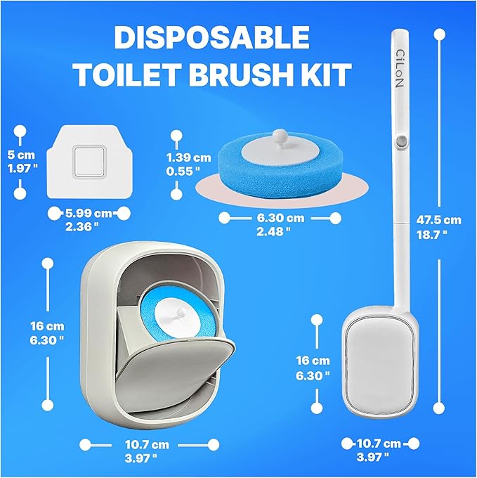 CiLoN Wall-Mounted Disposable Toilet Brush Kit and 30 Fresh Bleach Scrubbing Sponge Pads. Bathroom Space Saving Toilet Wand kit. Toilet Bowl Brush and Holder Set. (Starter Kit + 30 Brush)
