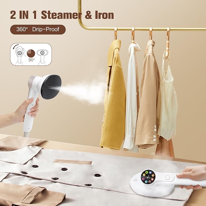 2-in-1 Handheld Steamer for Clothes &amp lron 145oW Portable Garment Steamer with Smart LCD Display 40oml Large Tank8 Steam Levels 90° Rotating Head Fast Heat &amp Auto-Off for Home/Travel