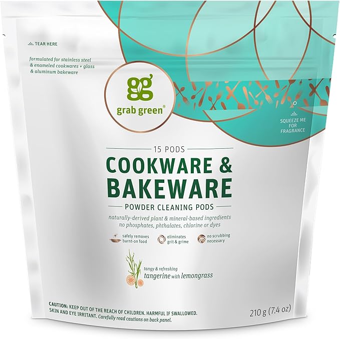 Grab Green Cookware and Bakeware Cleaner Pods 4 Bags of 15 Pods Tangerine Lemongrass Scent Plant and Mineral Based Removes Burnt-On Food Eliminates Grit and Grime No Scrubbing Necessary