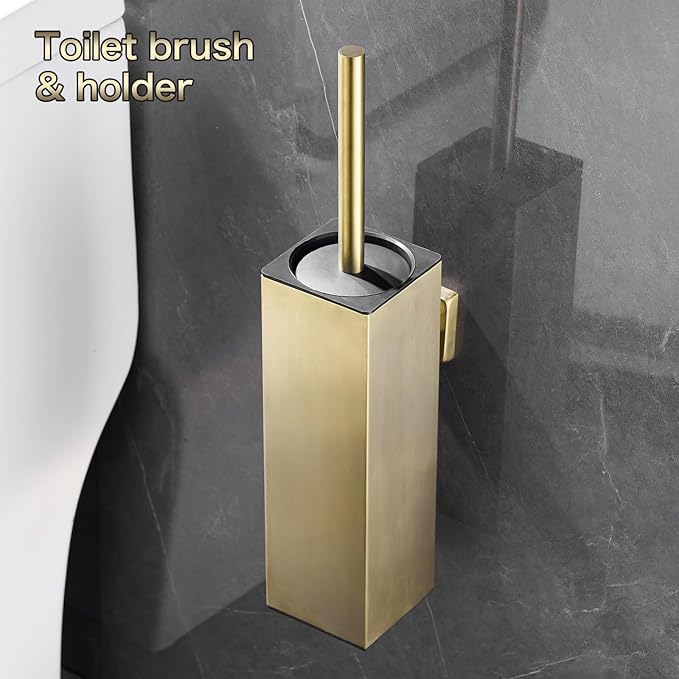 Toilet Brush Set - Brushed Gold Wall-Mounted Holder Cleaning Brush Head and Splash Guard