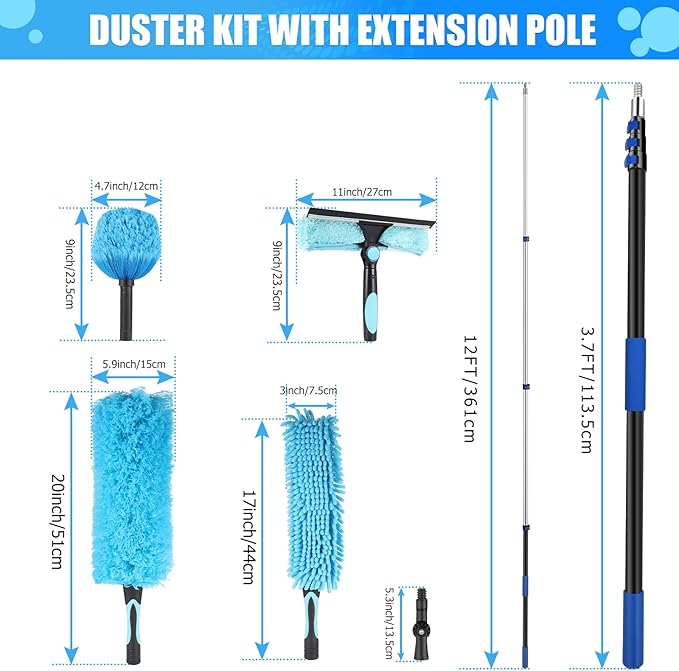 20 Foot High Reach Ceiling Duster Kit 3.6-12ft Extendable Pole with Cobweb DusterCeiling Fan DusterWindow Squeegee and Scrubber Microfiber Feather for Easy Cleaning Indoor &amp Outdoor