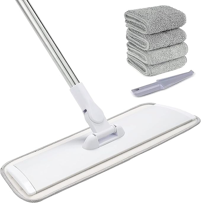 18 Professional Microfiber Mop Floor Cleaning System Flat Mops with Stainless Steel Handle 4 Reusable Washable Mop Pads Wet and Dust Mopping for Hardwood Vinyl Laminate (White&ampGrey)