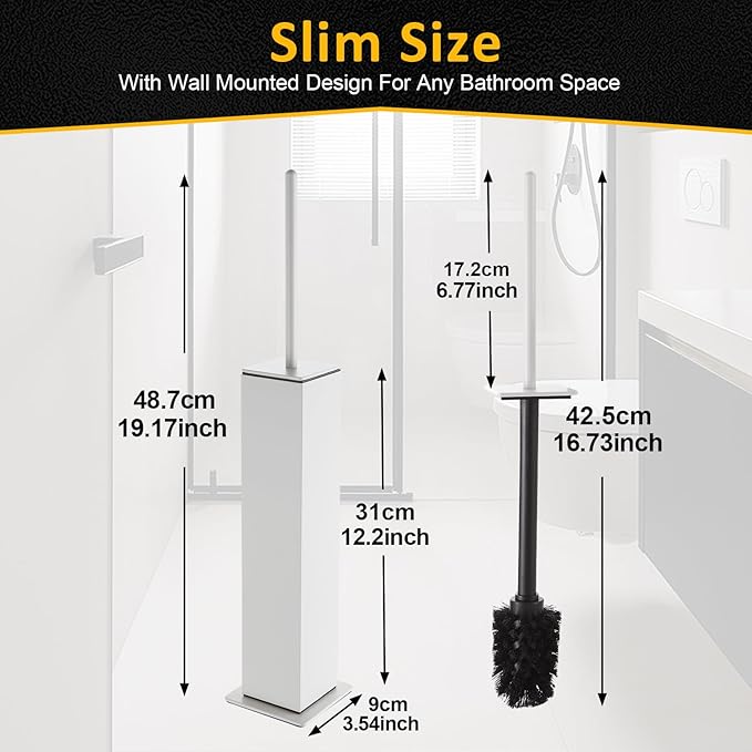 Toilet Brush and Holder Floor Standing White with 2 Replaceable Heads Bathroom Toilet Brush Freestanding Toilet Bowl Brush with Removable Liner and Splash Guard Modern Square Design