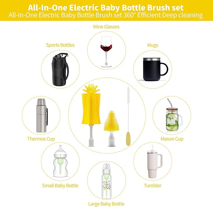 Electric Bottle Brush Cleaner Portable Electric Baby Bottle Brush Cleaner for Travel Rechargable Travel Bottle Cleaner Kit with Nipple &amp Straw Brush Perfect Mom Essentials After Birth Gift Yel