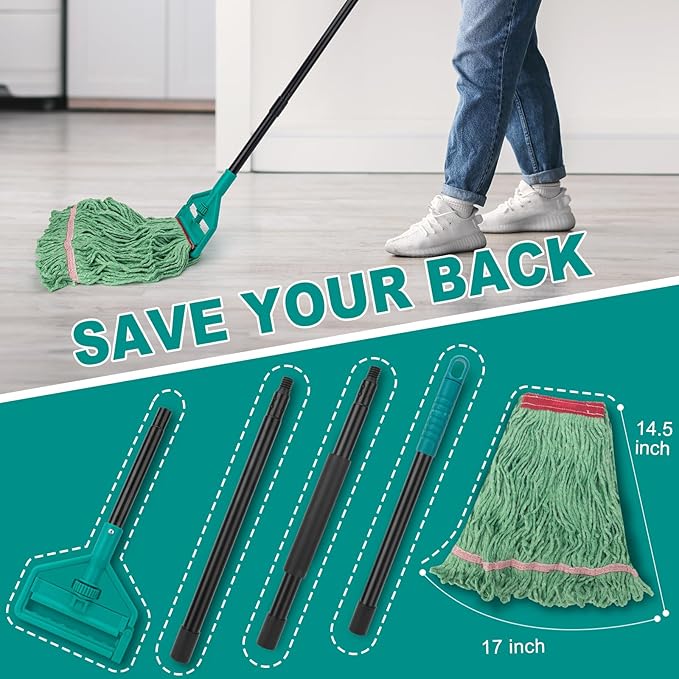 KeFanta 60 Inch Loop-End String Mop Heavy Duty Commercial Mops for Floor CleaningIndustrial Cotton Wet Mop with Extra Mops Head Replacement(Green)