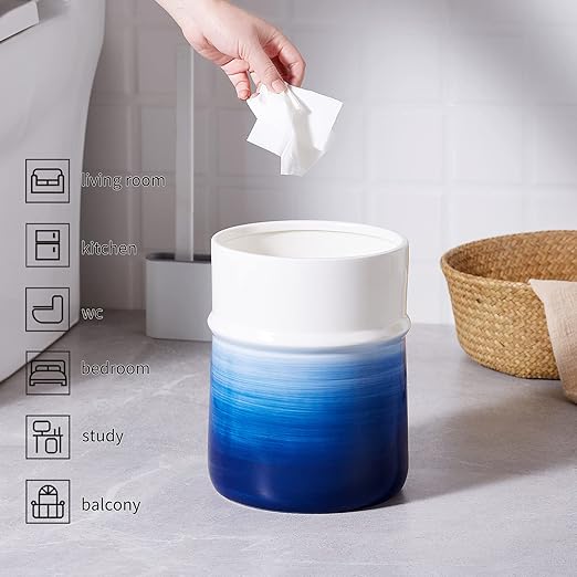 Decorative Round Small Trash Can Wastebasket Garbage Container Bin for Bathrooms Powder Rooms Kitchens Home Offices-Hand Painted Navy BlueCeramic