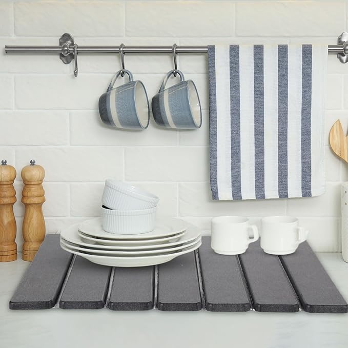 Sawysine 2 Pcs Stone Dish Drying Mats for Kitchen Counter 16x12 Collapsible Diatomaceous Earth Mats Absorbent Quick Drying Bath Kitchen Pad for Dishes Cups Bottles Fits Any Countertop(Dark Gray)