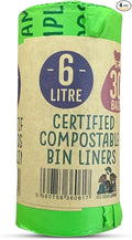 Eco Green Living 6 Litre Compostable Bin Liners – Plastic Free &amp Recyclable Caddy Bags for Food Waste Leak Resistant Small Bin Liners 36 x 66 cm - Quad Pack (120 Bags)