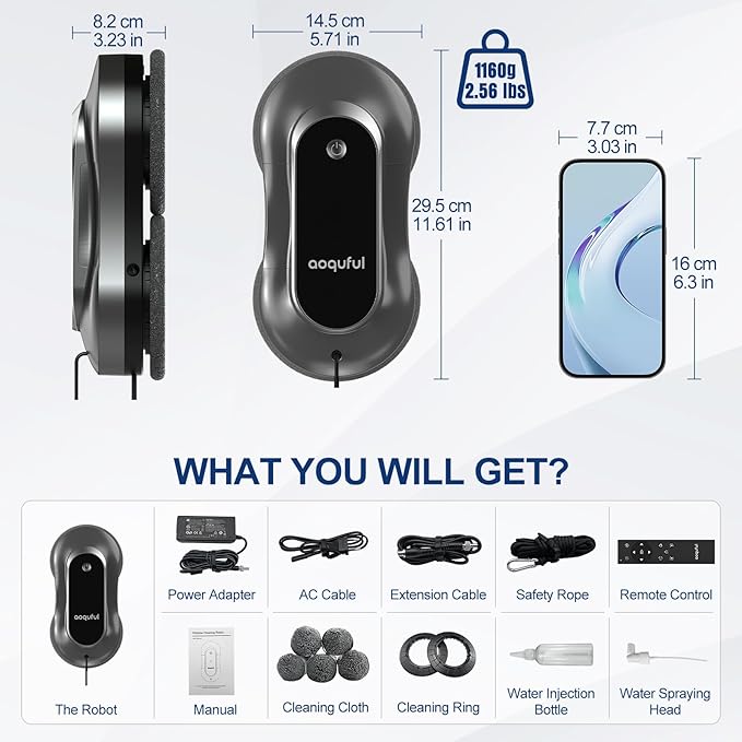 Intelligent Window Cleaning Robot - Electric Window Cleaner with Dual Water Spray Remote &amp App Control Suitable for Interior &amp Exterior Windows Includes 12 Cloths Grey