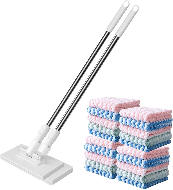 2 Set Disposables Dust Mops with 20 Reusable Cloths 100x16x8cm Automatic Fabric Clamp Lazy Mop 360° Rotatable Detachable Press Flat Mop Portable Face Towel/Wipes Cleaner for Floor Bathroom Kitchen
